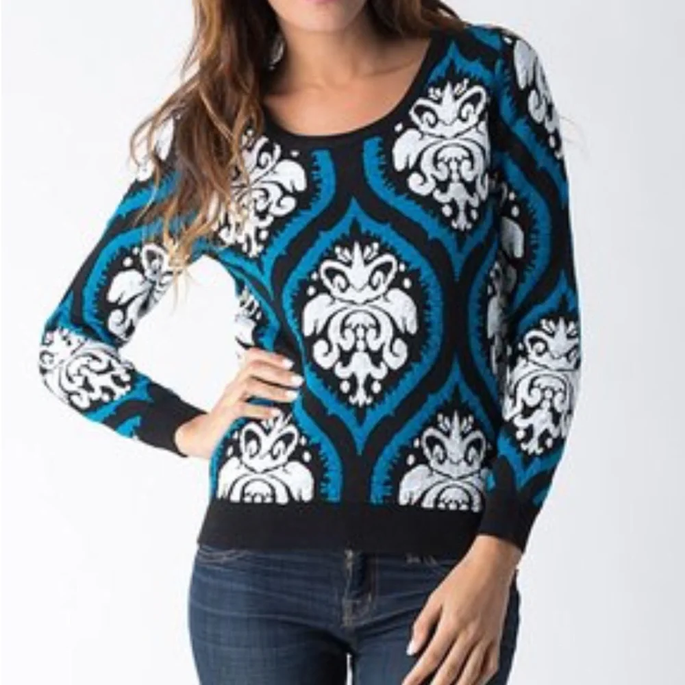 Black & Turquoise & White Brocade Sweater